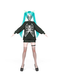 street girl wearing a skeleton outfit on kwaii anime style on white background