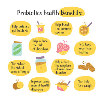 Probiotic Foods Health Benefits Hand Drawn Info-graphic Table Illustration.