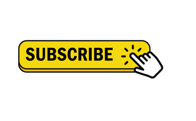 Subscribe button with hand click icon. Finger pointer clicking web site call to action. Clic vector.