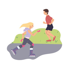 Woman skating and man running at park vector design