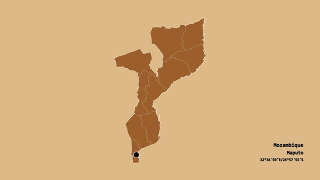 Sofala, province of Mozambique, with its capital, localized, outlined and zoomed with informative overlays on a solid patterned map in the Stereographic projection. Animation 3D