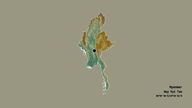 Ayeyarwady, division of Myanmar, with its capital, localized, outlined and zoomed with informative overlays on a relief map in the Stereographic projection. Animation 3D