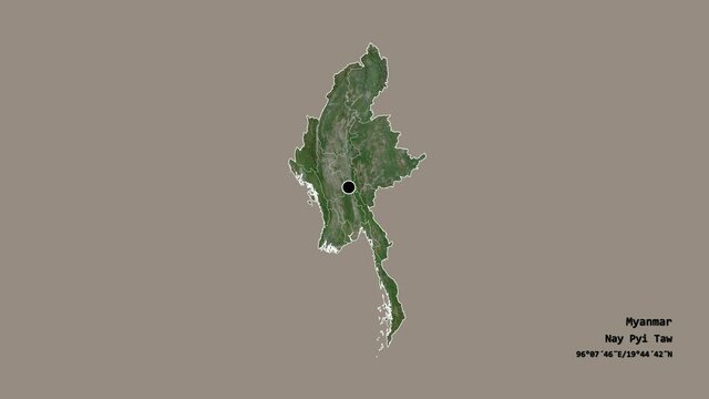 Ayeyarwady, division of Myanmar, with its capital, localized, outlined and zoomed with informative overlays on a satellite map in the Stereographic projection. Animation 3D