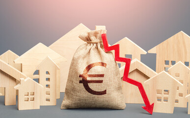 City residential buildings and euro money bag with a red down arrow. Falling prices for rental...