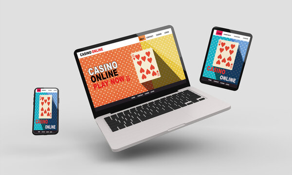 Flying tablet,phone and desktop computer 3d rendering mockup.3d illustration. Casino online concept