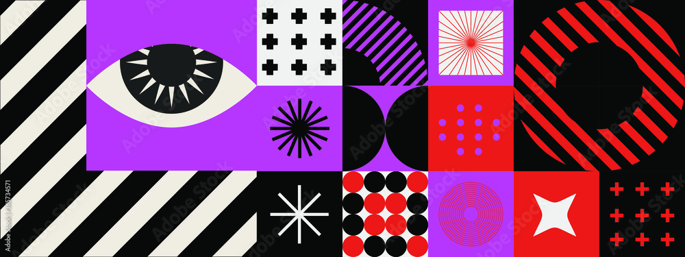 Poster mid-century modern geometric seamless pattern with bold simple shapes in bauhaus and neo-memphis ret