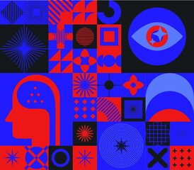 Obraz premium Abstract minimal composition of geometric bold simple shapes and flat illustration of head and eye. Concept of human psychology and mental health.
