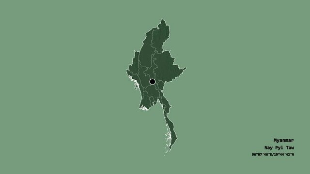 Rakhine, state of Myanmar, with its capital, localized, outlined and zoomed with informative overlays on a administrative map in the Stereographic projection. Animation 3D
