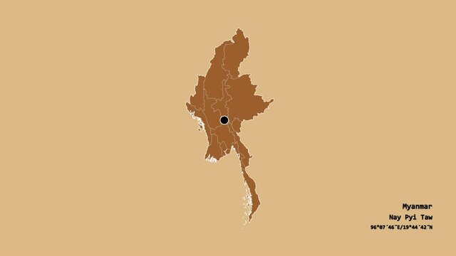 Rakhine, state of Myanmar, with its capital, localized, outlined and zoomed with informative overlays on a solid patterned map in the Stereographic projection. Animation 3D