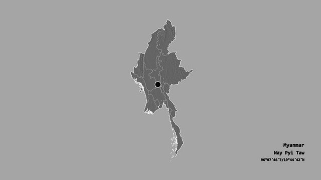 Yangon, division of Myanmar, with its capital, localized, outlined and zoomed with informative overlays on a bilevel map in the Stereographic projection. Animation 3D