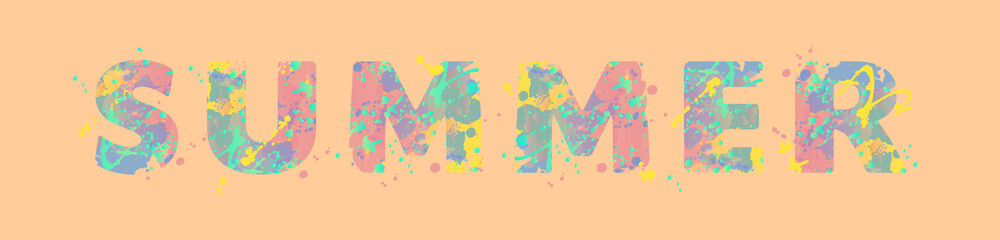 Summer. Vector typography inscription with multicolored spots of paint on a peach-beige background, design for banner, flyer, tag, decoration, poster or invitation, label for summer fashion collection