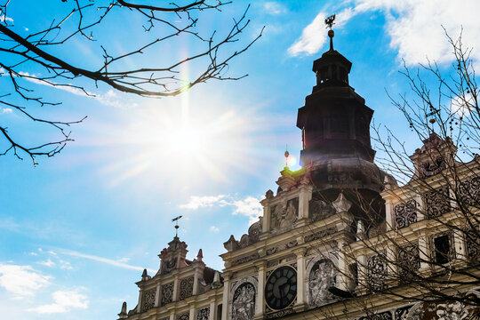 Stribro Czech. German Mies is a city in the west of the Czech Republic, in the Tachov region. Temple against the background of the sky and sun glare. Blue colour.