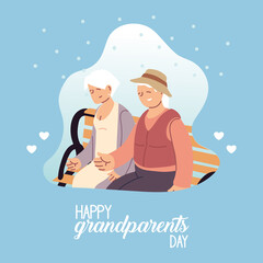 Grandmother and grandfather on bench of happy grandparents day vector design