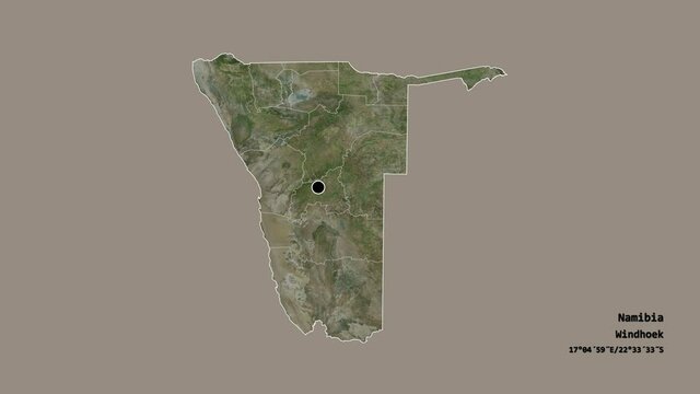 Omusati, region of Namibia, with its capital, localized, outlined and zoomed with informative overlays on a satellite map in the Stereographic projection. Animation 3D
