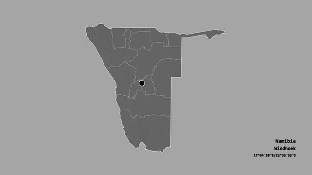 Oshikoto, region of Namibia, with its capital, localized, outlined and zoomed with informative overlays on a bilevel map in the Stereographic projection. Animation 3D