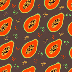 Flat vector cartoon illustration of a Seamless pattern with papaya. Orange papaya fruit in the section. Design for Wallpaper, printing, packaging, paper, textile design. Scandinavian style.