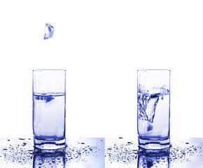 falling ice in a glass with crystal clear water , before and after.