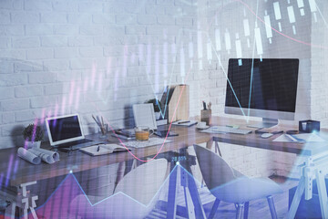 Multi exposure of stock market chart drawing and office interior background. Concept of financial analysis.