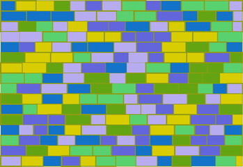 Multicolor brick wall from nested rectangles vector background with six different colors, mosaic pattern with random white borders, useful for backgrounds, wallpapers and wrapping