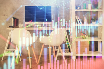 Multi exposure of stock market chart drawing and office interior background. Concept of financial analysis.