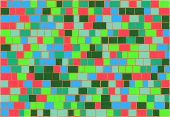 Multicolor brick wall from nested rectangles vector background with six different colors, mosaic pattern with random white borders, useful for backgrounds, wallpapers and wrapping