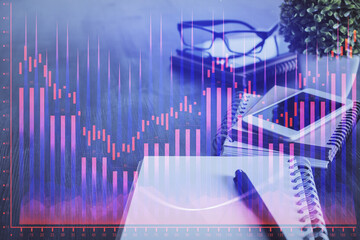 Double exposure of forex chart drawing and cell phone background. Concept of financial trading