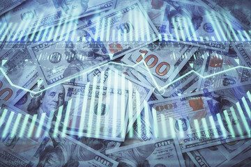 Double exposure of data theme drawing over us dollars bill background. Technology concept.