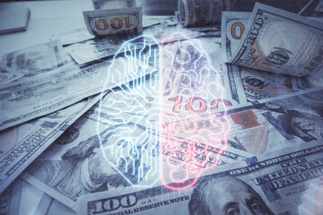 Double exposure of brain drawing over us dollars bill background. Technology concept.