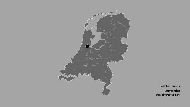 Utrecht, province of Netherlands, with its capital, localized, outlined and zoomed with informative overlays on a bilevel map in the Stereographic projection. Animation 3D