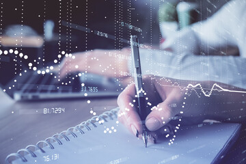 Double exposure of data theme sketch drawing over people writing background. Concept of technology
