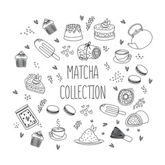 Flat cartoon collection of doodles of various tea products made from matcha. Matcha powder, macaroons, ice cream, mochi, cake, bamboo whisk, teapot, drink, candy, tea, tea leaves.