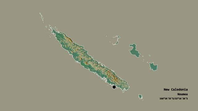Nord, province of New Caledonia, with its capital, localized, outlined and zoomed with informative overlays on a relief map in the Stereographic projection. Animation 3D