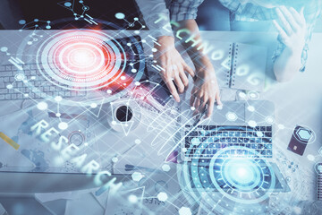 Double exposure of man and woman working together and data theme hologram drawing. Computer background. Top View.
