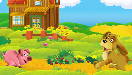 Obraz premium cartoon scene with farm ranch animal near wooden barn - illustration