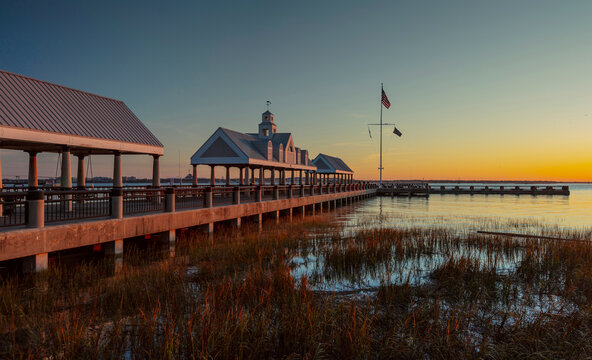 Charleston, South Carolina, United States, November 2019, the sunrise over Charleston Harbour bay and the pier