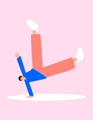 B-boy dancing power dance. Breakdancer. Illustration on the theme of subculture. Street dance. Material for dance battles. Brakedance. Dance event. For use on posters. Can be printed on a T-shirt.