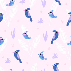 A fun flat cartoon pattern with birds, large leaves and decorative elements. Design in the Scandinavian style in purple and pink. Idea for Wallpaper, wrapping paper, textiles, etc.