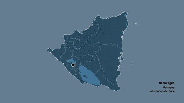 Atl&aacute;ntico Sur, autonomous region of Nicaragua, with its capital, localized, outlined and zoomed with informative overlays on a administrative map in the Stereographic projection. Animation 3D
