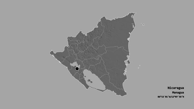 Atl&aacute;ntico Sur, autonomous region of Nicaragua, with its capital, localized, outlined and zoomed with informative overlays on a bilevel map in the Stereographic projection. Animation 3D