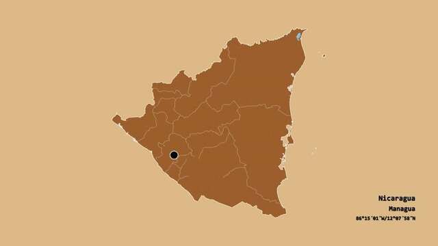Carazo, department of Nicaragua, with its capital, localized, outlined and zoomed with informative overlays on a solid patterned map in the Stereographic projection. Animation 3D