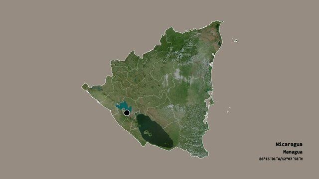 Carazo, department of Nicaragua, with its capital, localized, outlined and zoomed with informative overlays on a satellite map in the Stereographic projection. Animation 3D