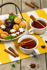 Assorted Mixed Cookies, Variety Flavors with Tea. Selective focus.