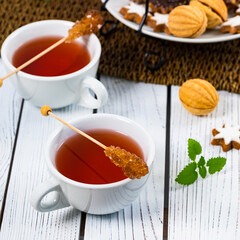 Assorted Mixed Cookies, Variety Flavors with Tea. Selective focus.