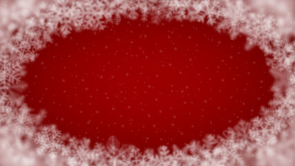 Christmas background of snowflakes of different shape, blur and transparency, arranged in a ellipse, on red background