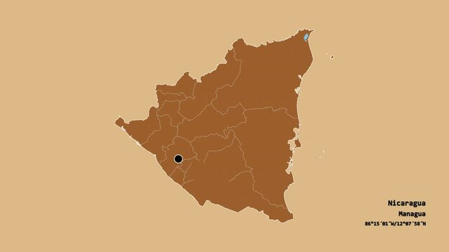 Matagalpa, department of Nicaragua, with its capital, localized, outlined and zoomed with informative overlays on a solid patterned map in the Stereographic projection. Animation 3D
