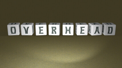 alphabetic OVERHEAD arranged by cubic letters on a mirror floor, concept meaning and presentation in 3D perspective. view and background