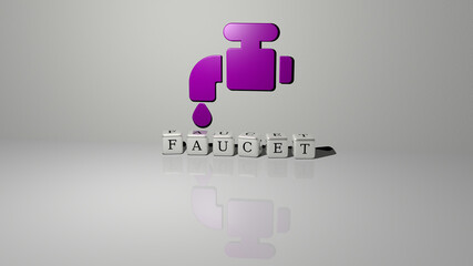 3D representation of FAUCET with icon on the wall and text arranged by metallic cubic letters on a mirror floor for concept meaning and slideshow presentation. bathroom and water