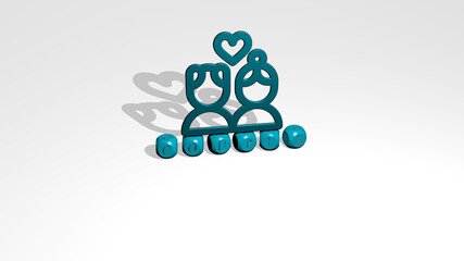 3D illustration of couple graphics and text made by metallic dice letters for the related meanings of the concept and presentations. happy and beautiful
