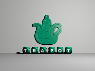 3D illustration of teapot graphics and text made by metallic dice letters for the related meanings of the concept and presentations. background and cup