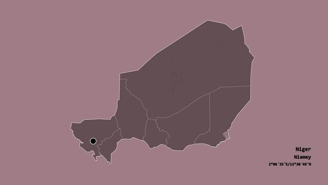 Dosso, department of Niger, with its capital, localized, outlined and zoomed with informative overlays on a administrative map in the Stereographic projection. Animation 3D